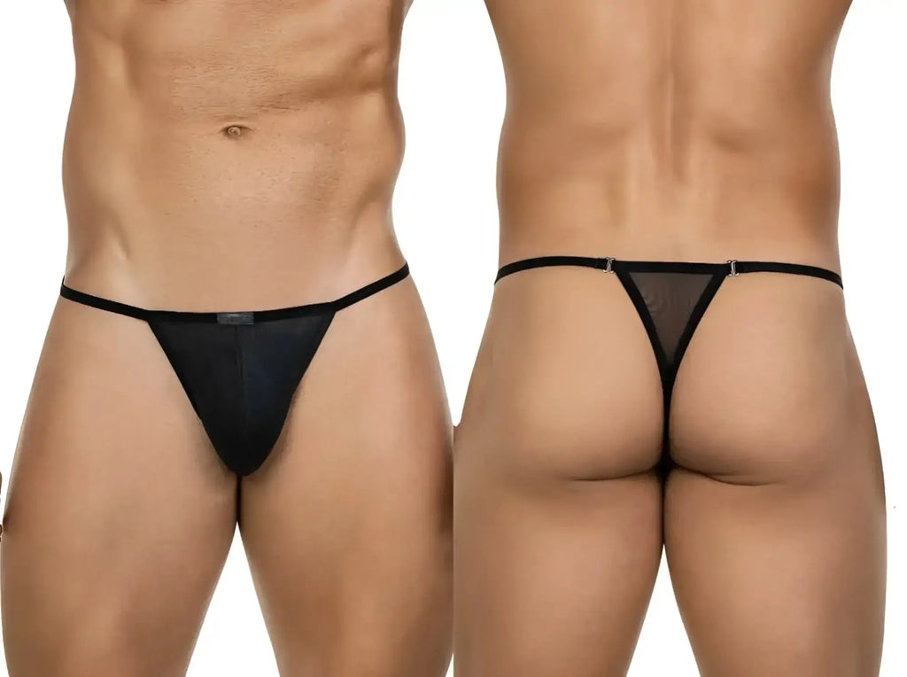 Front and back view of the black Clever 26058 Eos thong on a model.
