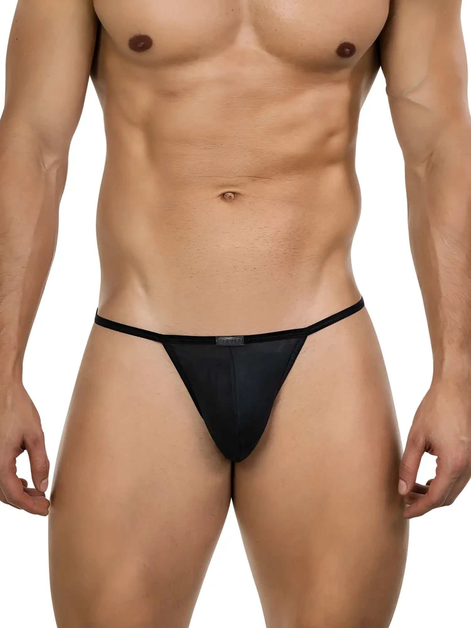 Front view of the black Clever 26058 Eos thong worn by a fit male model.