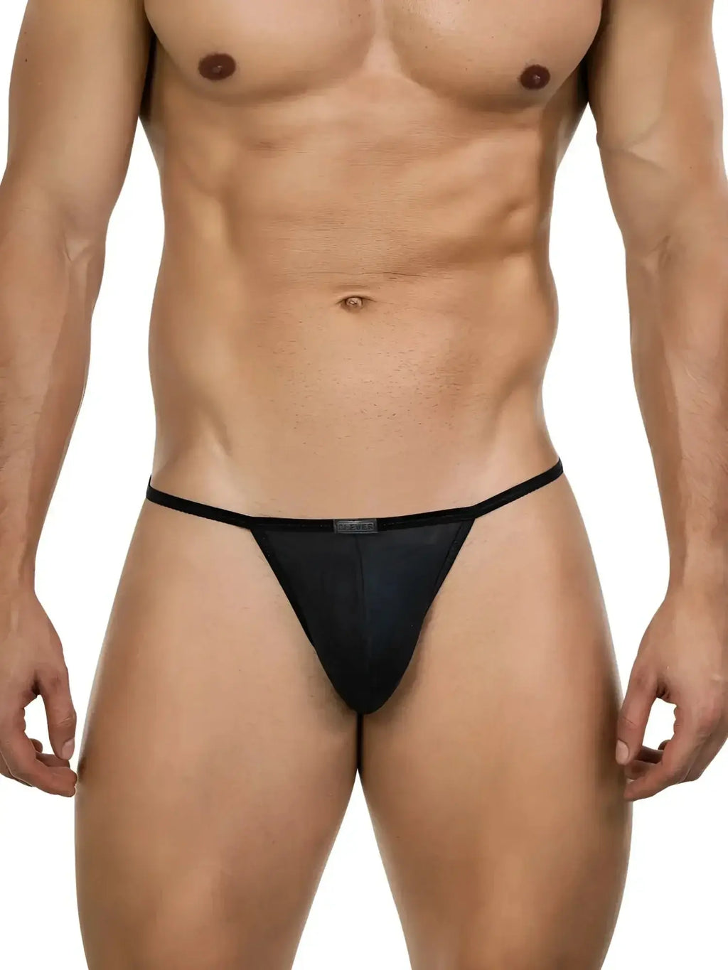 Front view of the black Clever 26058 Eos thong worn by a fit male model.