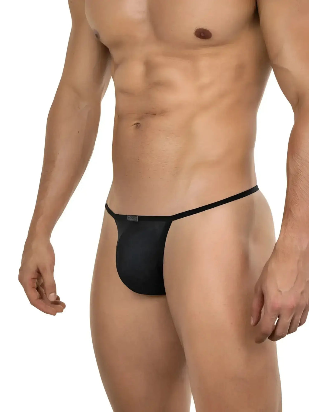 Front view of a man wearing black Clever 26058 Eos thong underwear.