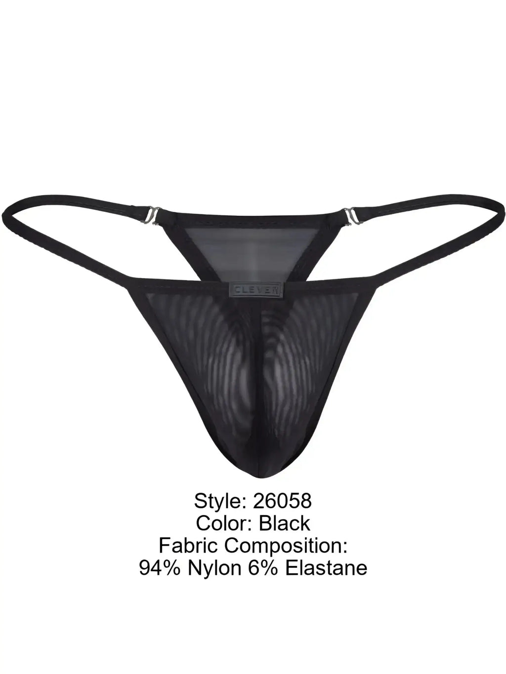 Front view of Clever 26058 Eos black mesh thong underwear.