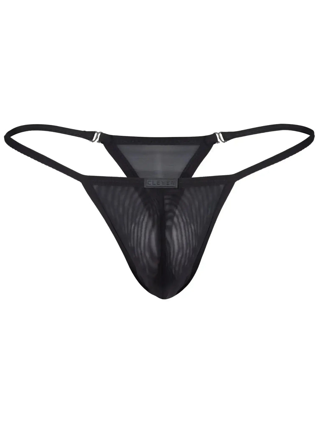 Front view of the black Clever 26058 Eos thong, featuring breathable mesh fabric and a branded waist tab.