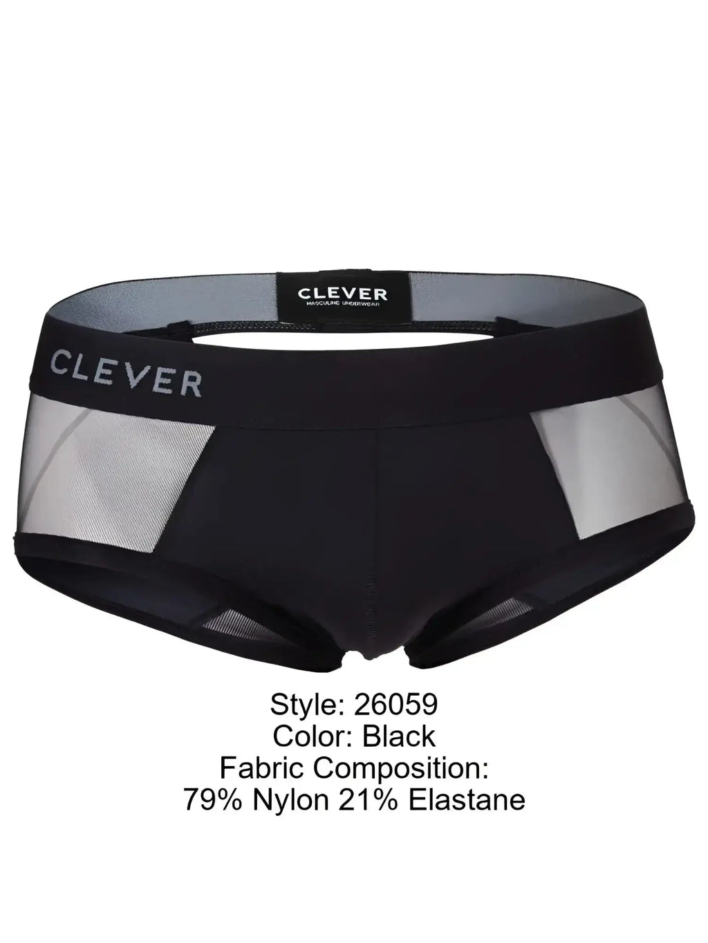 Front view of Clever 26059 Tanatos black briefs with mesh side panels and branded elastic waistband.