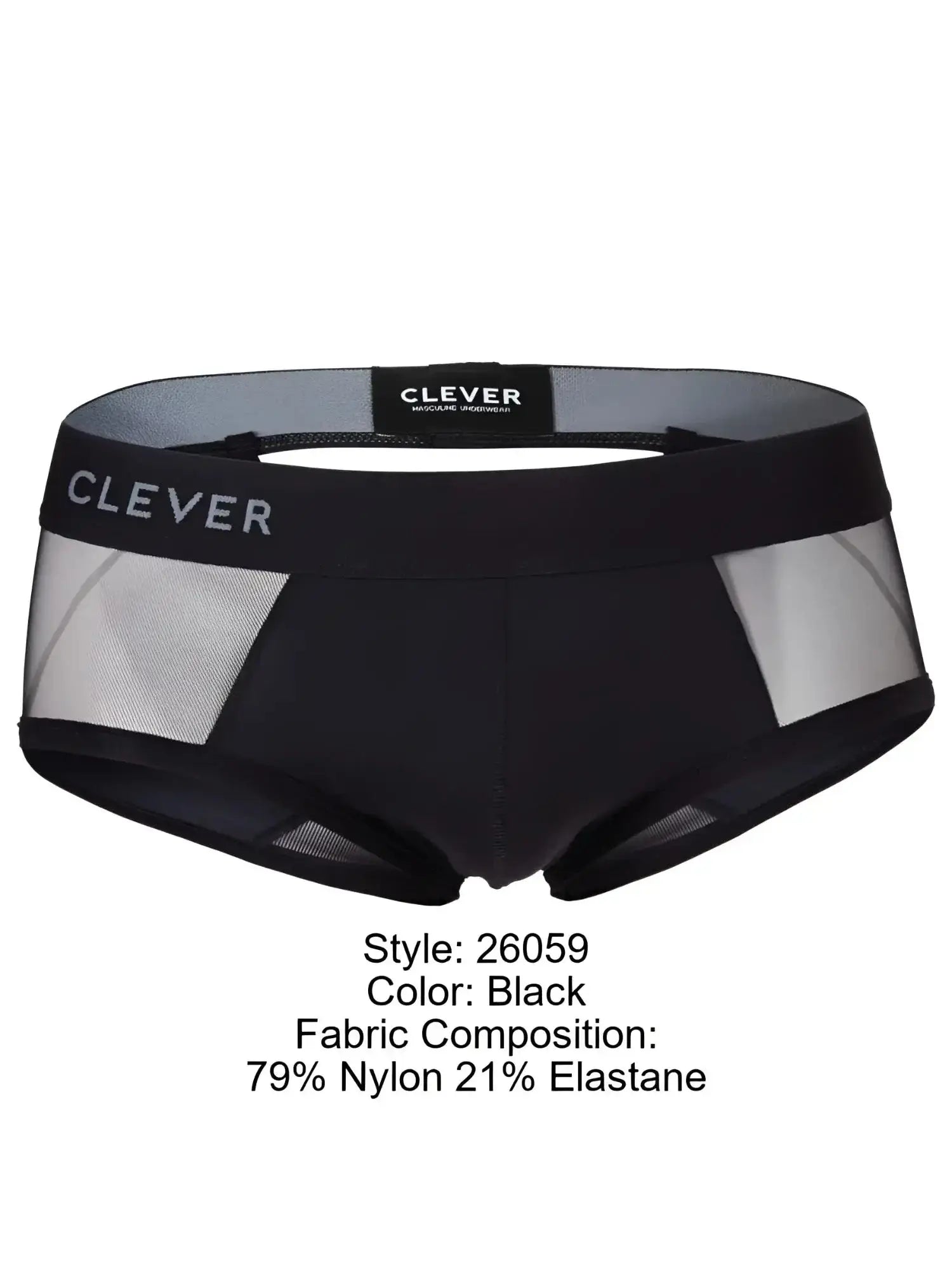 Front view of Clever 26059 Tanatos black briefs with mesh side panels and branded elastic waistband.
