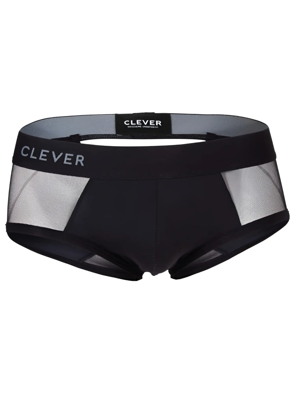 Front view of Clever 26059 Tanatos black briefs with mesh panels and logo waistband.