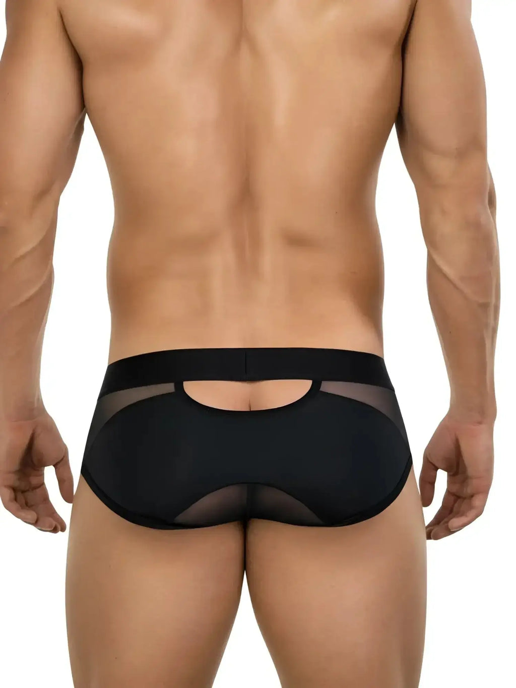 Clever 26059 Tanatos black briefs, back view showing the cutout design on a model.