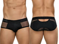 Front and back view of Clever 26059 Tanatos black briefs with mesh detailing on a model.