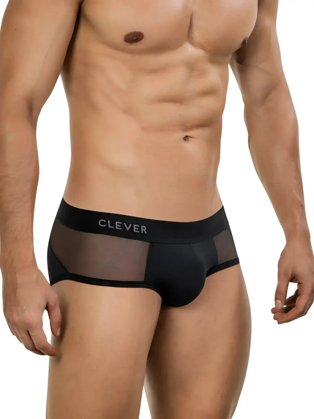 Front view of Clever 26059 Tanatos black briefs with mesh detailing on a model.