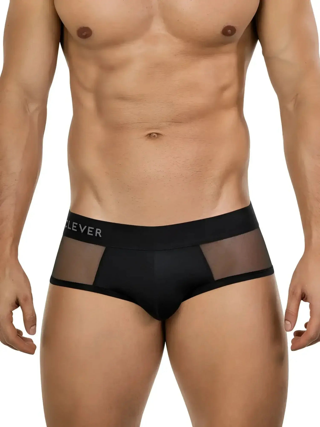 Front view of Clever 26059 Tanatos mesh briefs in black on a model.
