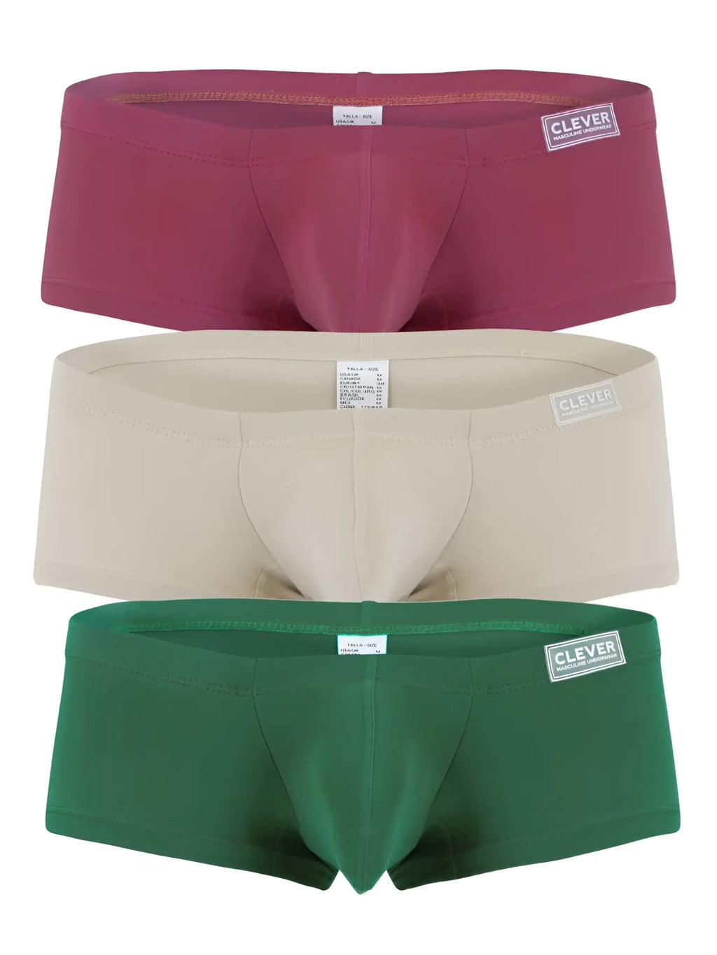 Set of three clever brand briefs in maroon beige and green from clever 26066 3PK australian latin trunks multi-colored