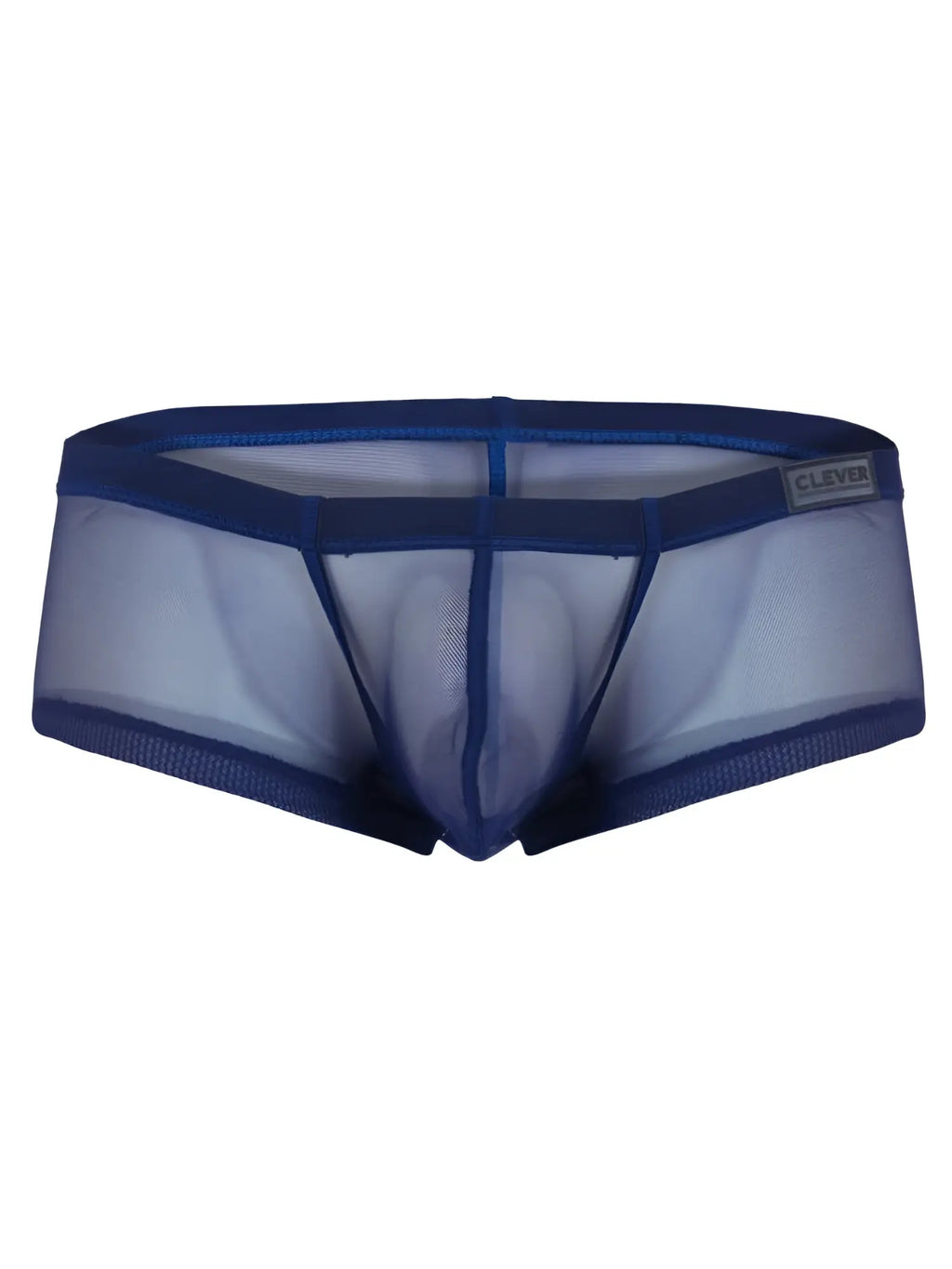 Blue sheer mesh men’s underwear with solid blue waistband and clever brand label from australian latin trunks multipack
