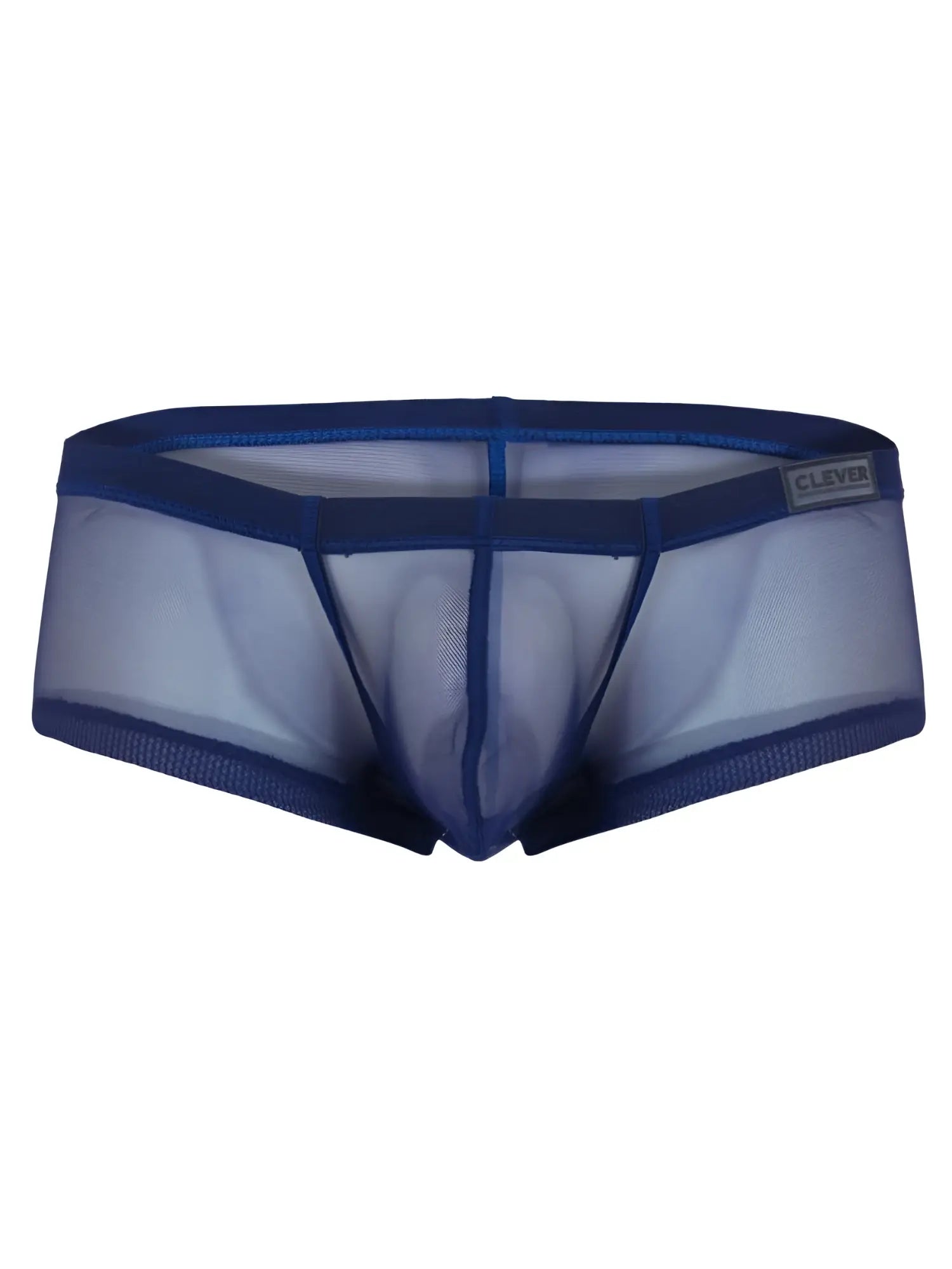 Blue sheer mesh men’s underwear with solid blue waistband and clever brand label from australian latin trunks multipack