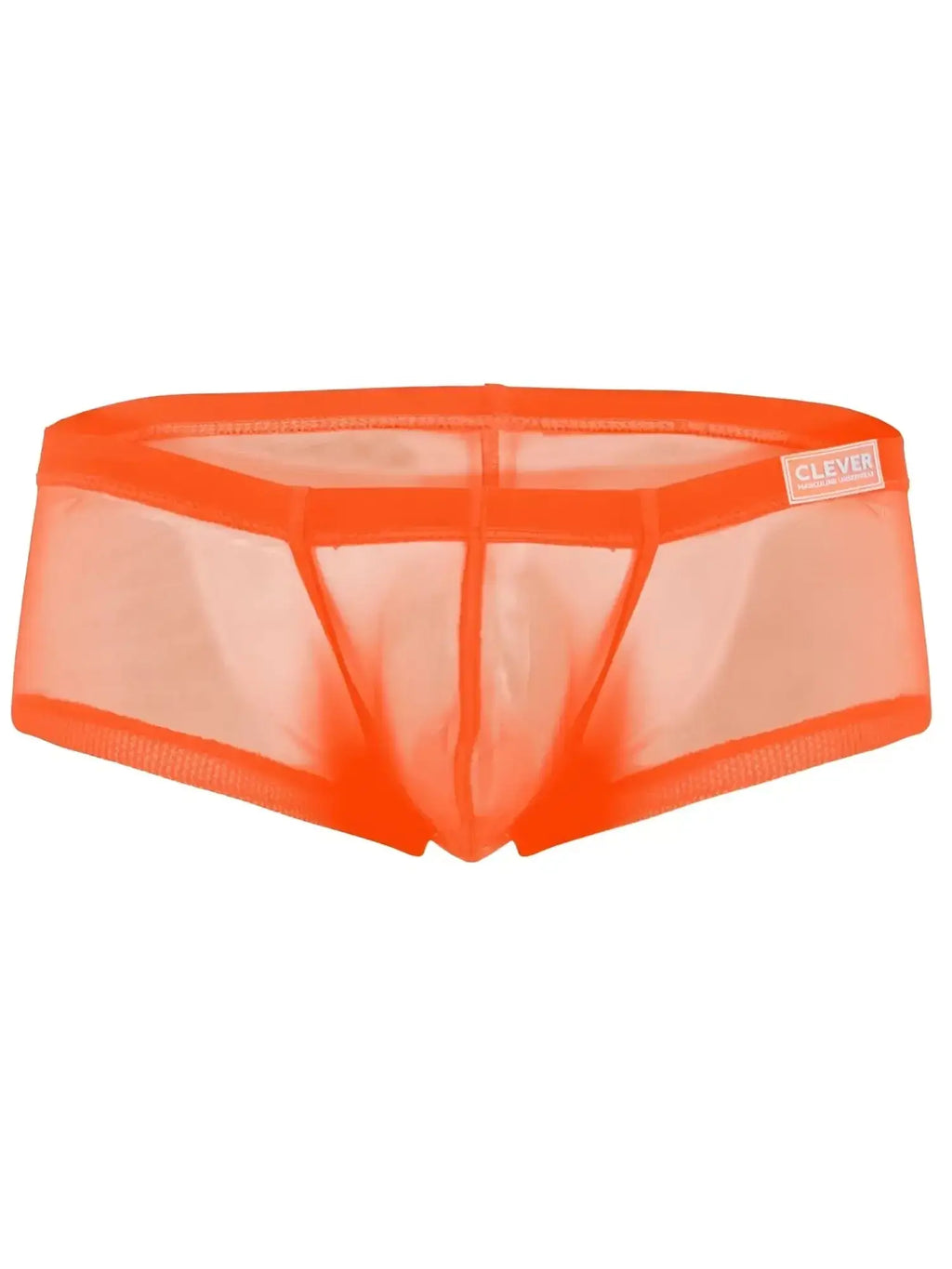 Bright orange mesh briefs with reinforced elastic waistband and clever brand label in multi-colored Australian Latin trunks