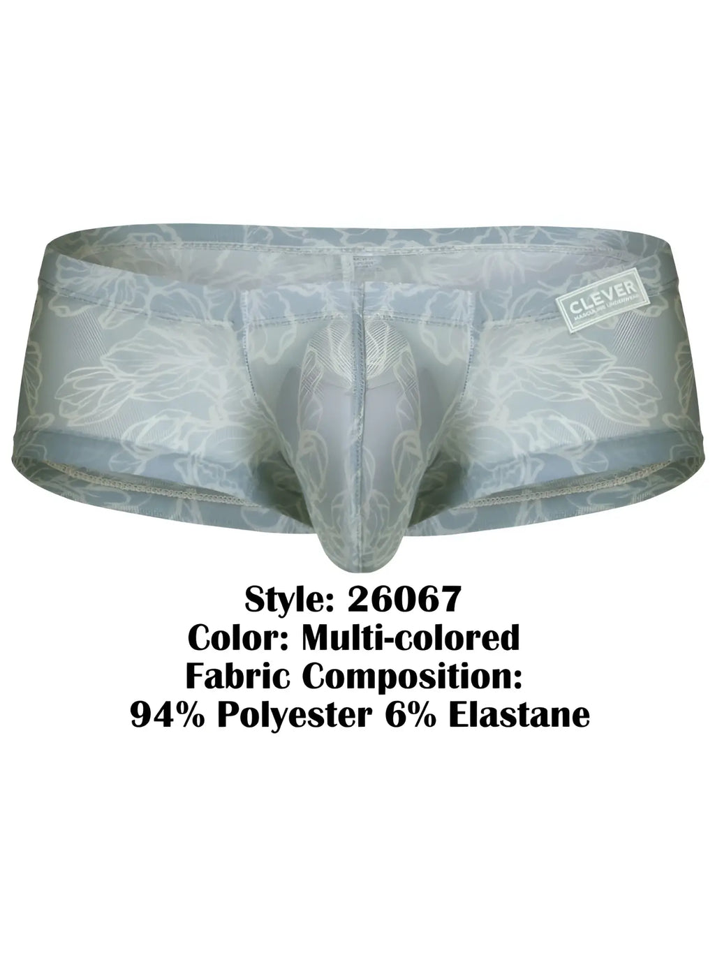 Multi-colored floral-patterned men’s clever 26067 latin trunks in sheer stretchy fabric blend in a 3 pack