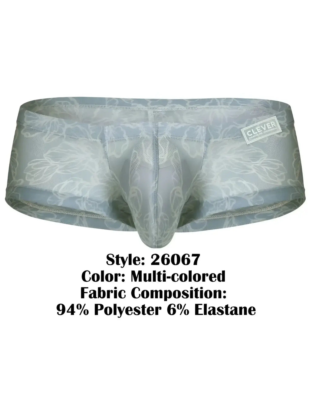 Multi-colored floral-patterned men’s clever 26067 latin trunks in sheer stretchy fabric blend in a 3 pack