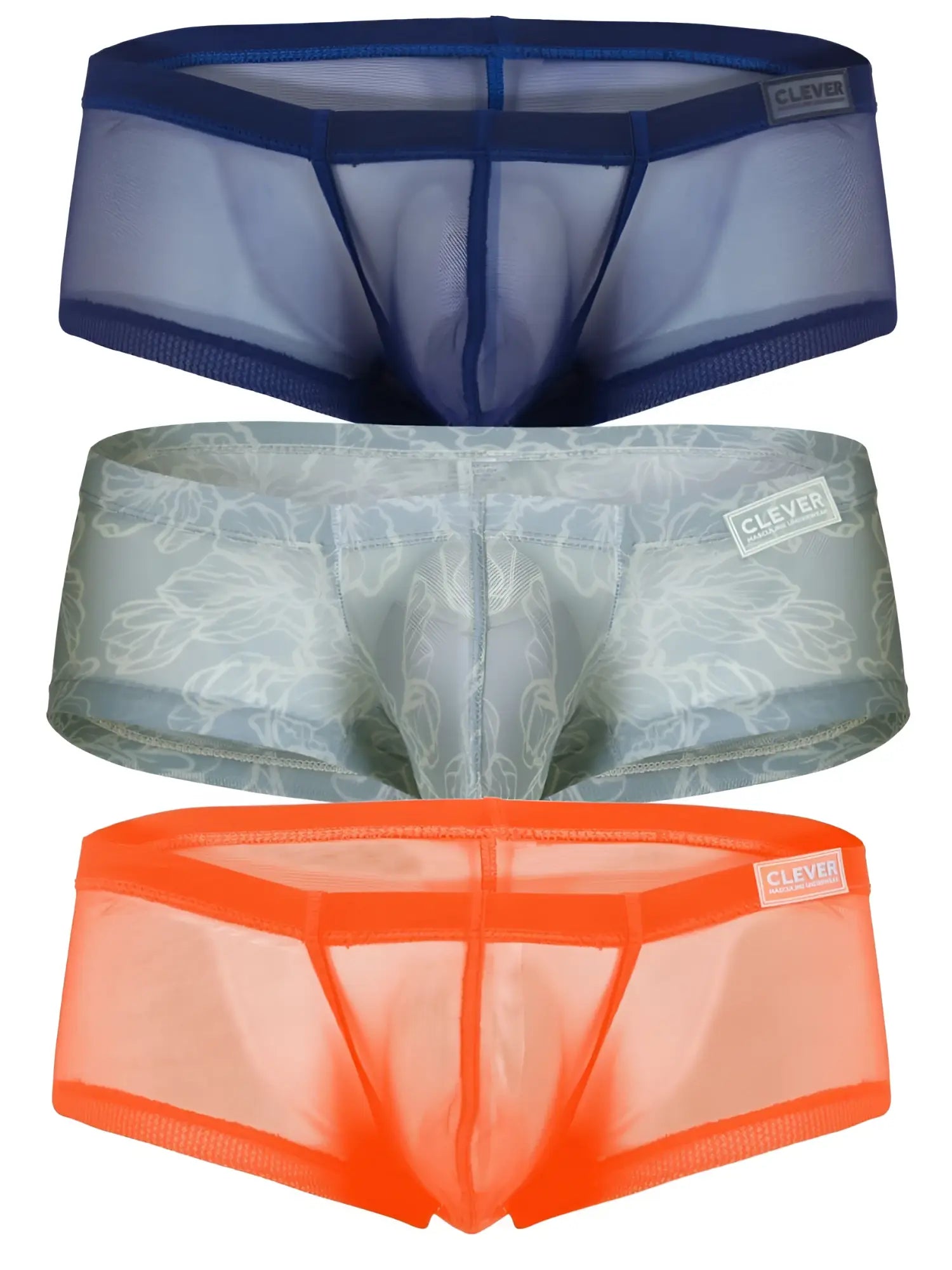 Three pairs of clever 26067 australian latin sheer mesh briefs in navy blue gray floral and bright orange colors