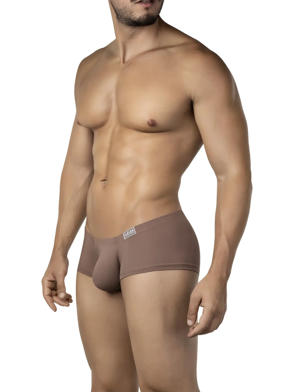Tan-colored form-fitting men’s briefs from clever 26068 3pk australian latin trunks with subtle waistband logo