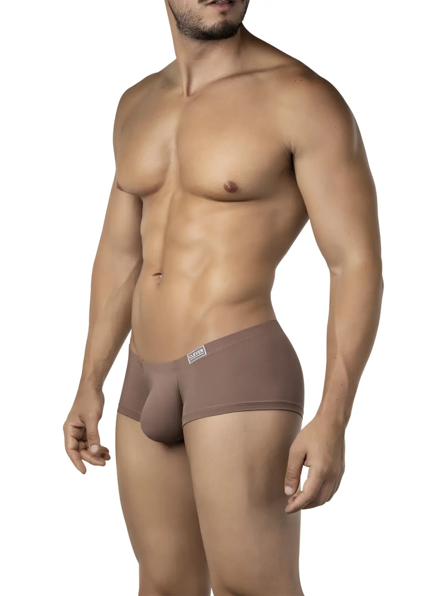 Tan-colored form-fitting men’s briefs from clever 26068 3pk australian latin trunks with subtle waistband logo