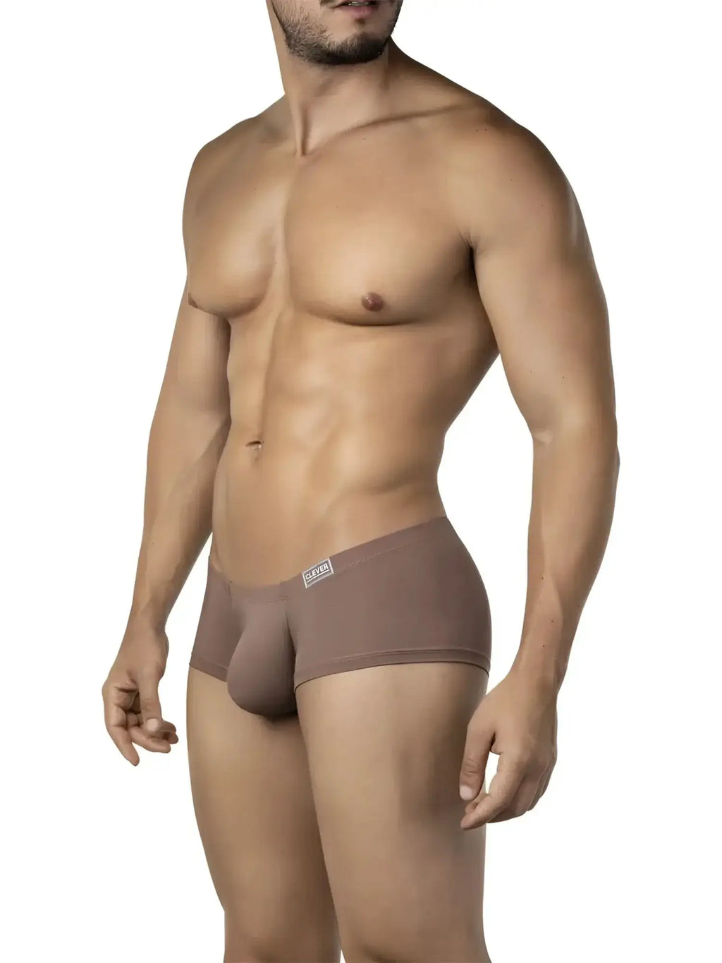 Tan-colored form-fitting men’s briefs from clever 26068 3pk australian latin trunks with subtle waistband logo
