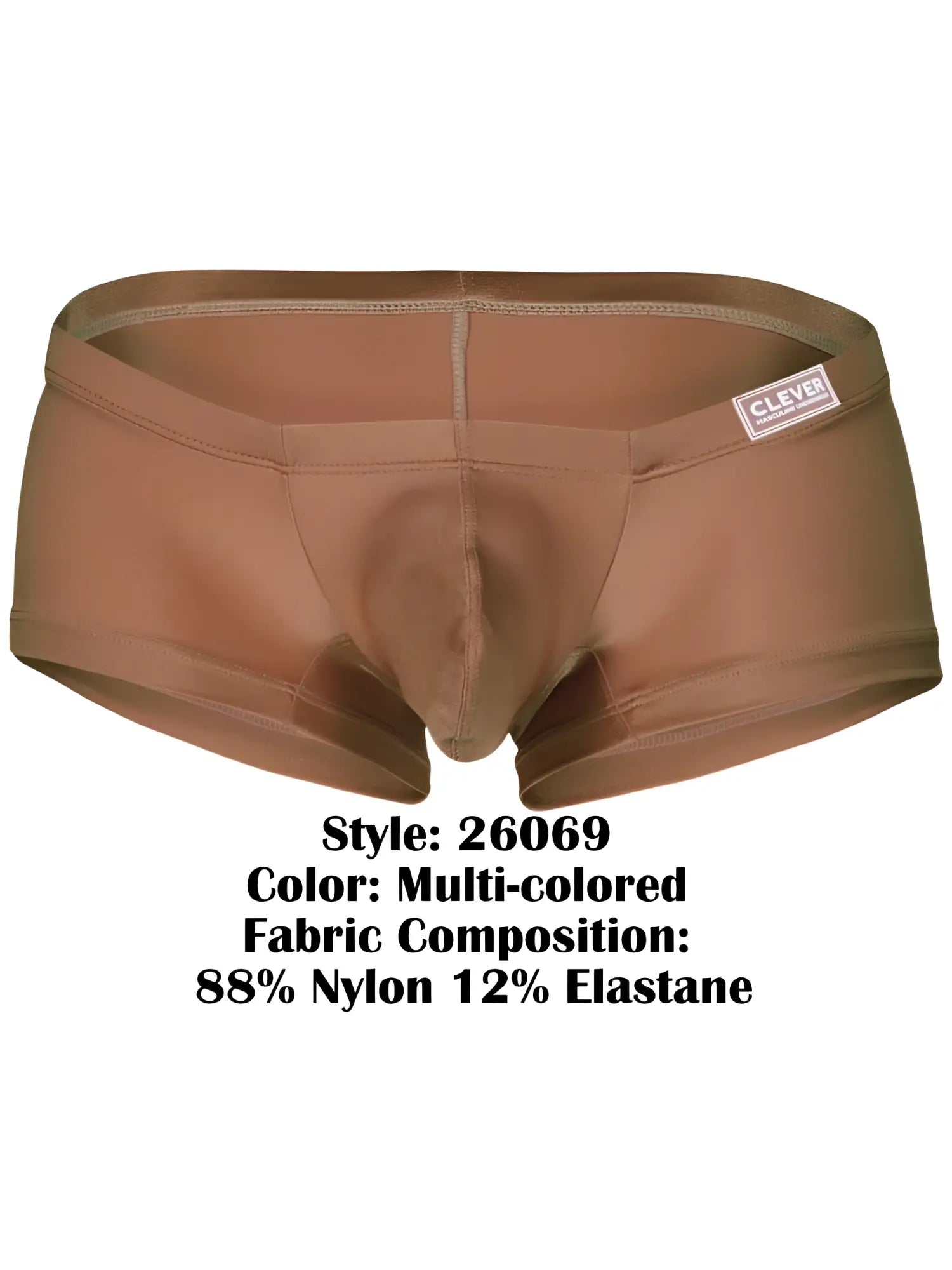 Brown multi-colored clever 26069 3pk australian latin trunks made of 88% nylon 12% elastane with branded waistband