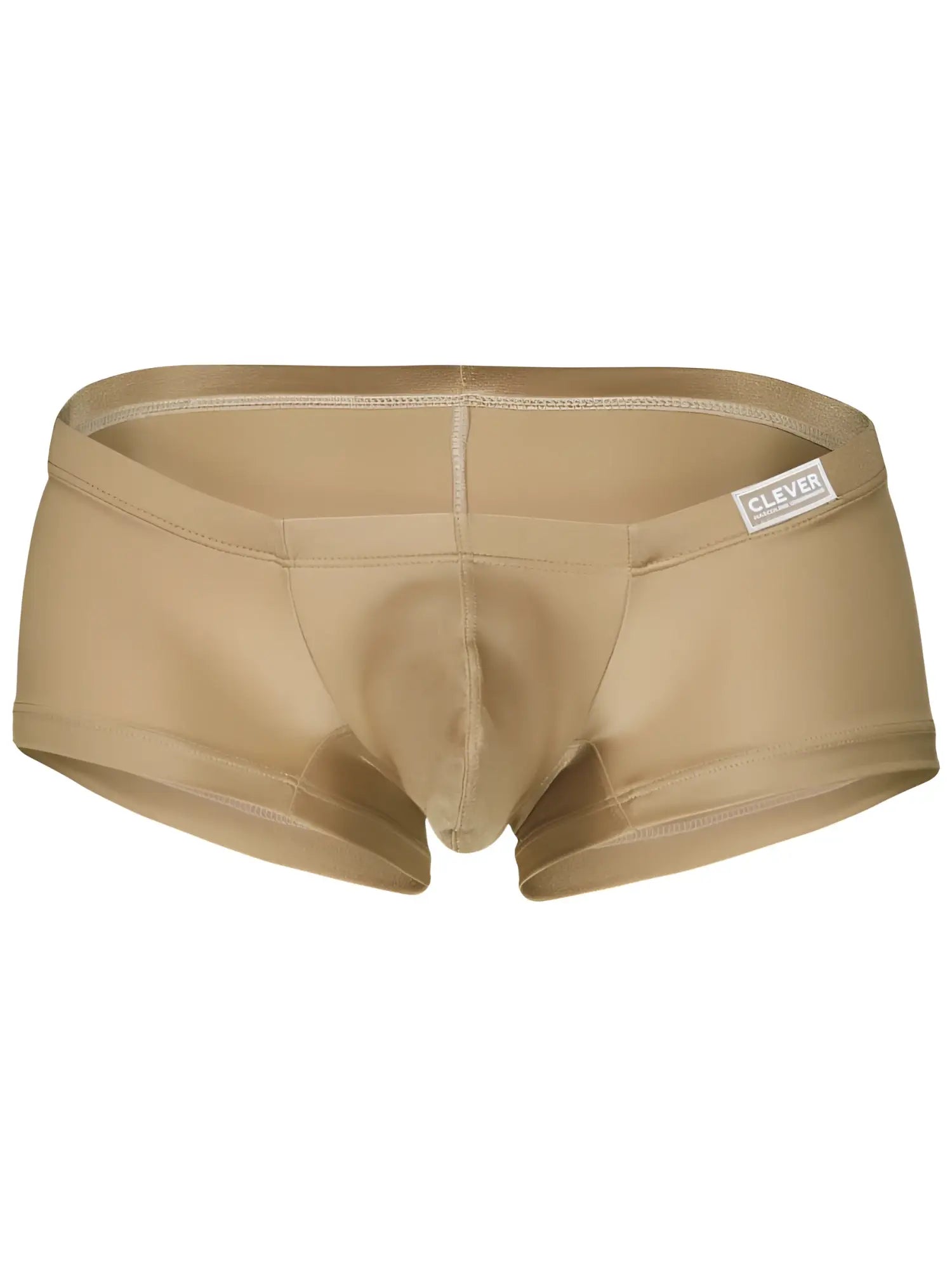 Tan-colored form-fitting men’s briefs with smooth fabric and clever brand label on waistband from clever 26069 3pk trunks