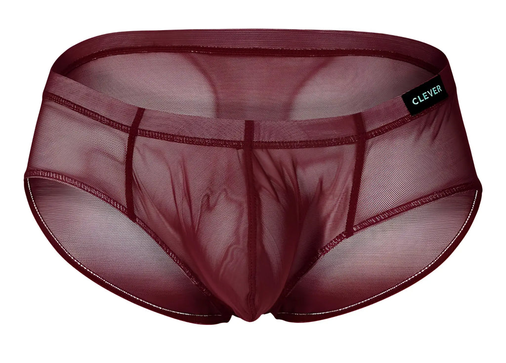 Maroon sheer mesh briefs with black clever brand tag on waistband from clever 519962 3PK australian latin briefs set