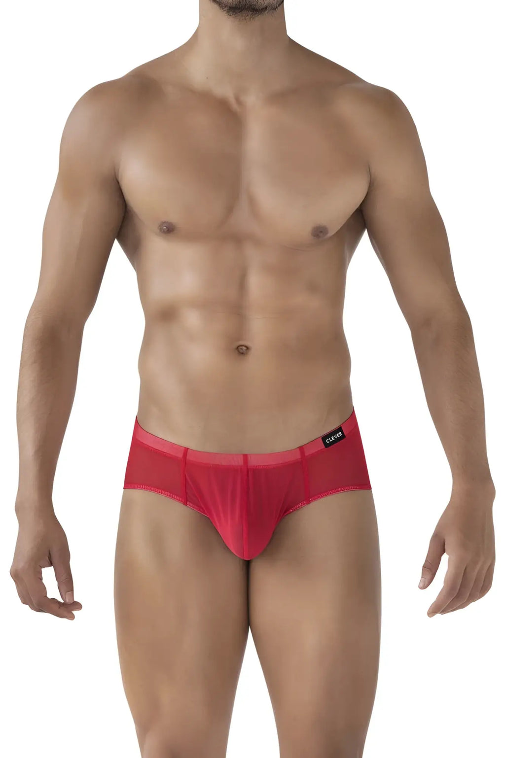 Red mesh clever australian latin briefs with black brand tag on waistband in red color for stylish comfort