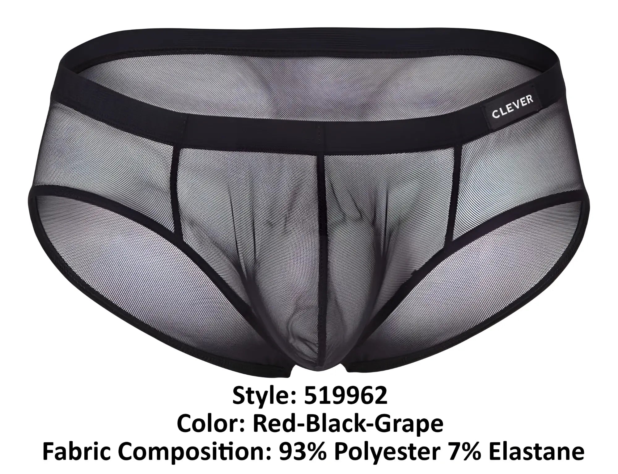 Black mesh clever briefs with solid black waistband and brand label in red black and grape colors australian latin style