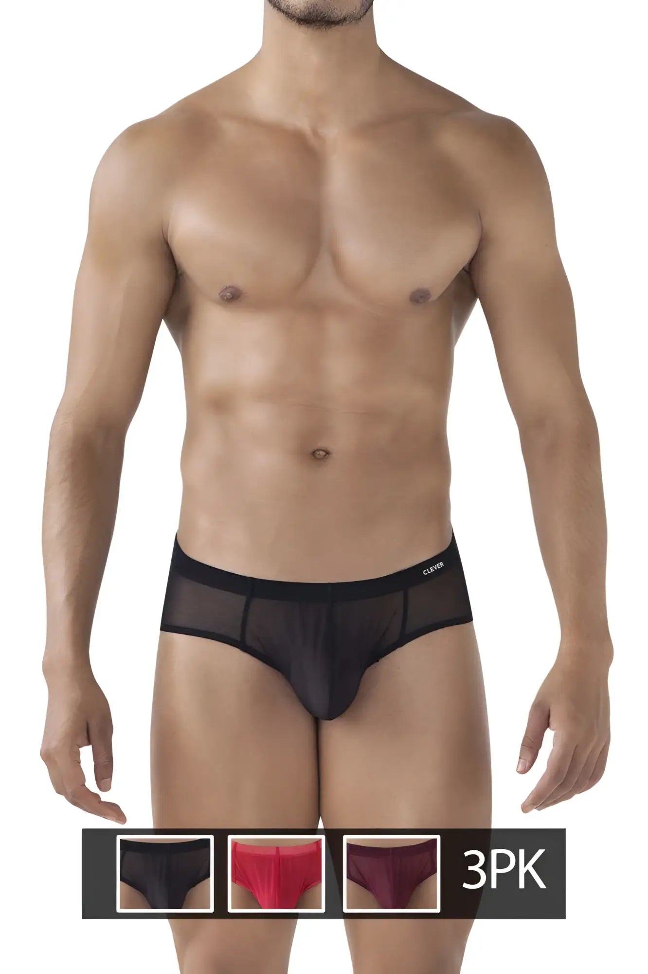 Black sheer mesh briefs with a solid black waistband from clever 519962 3PK australian latin briefs in black color