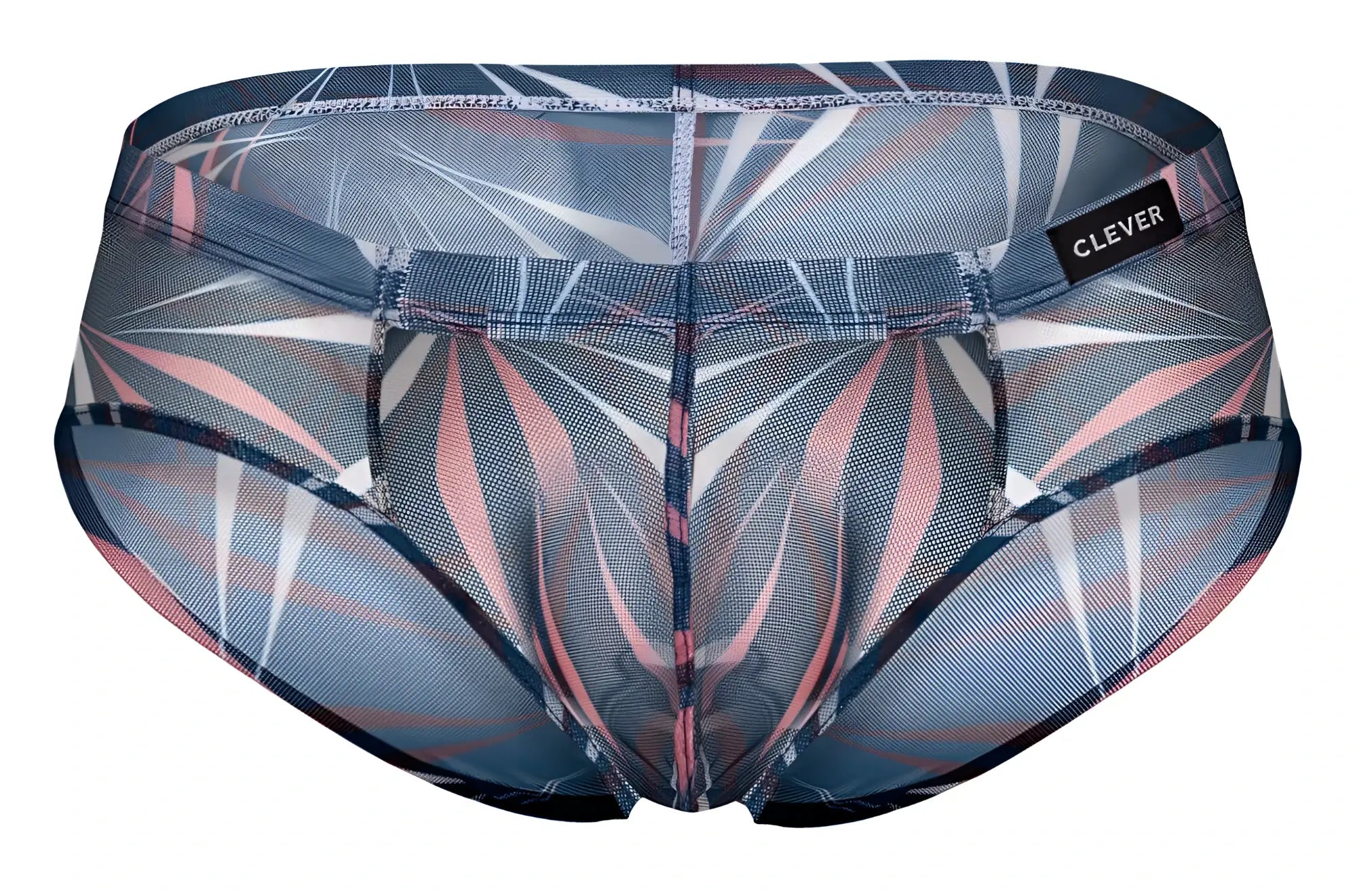 Clever 519963 men’s briefs in blue black and black featuring sheer mesh fabric with gray pink and white geometric pattern