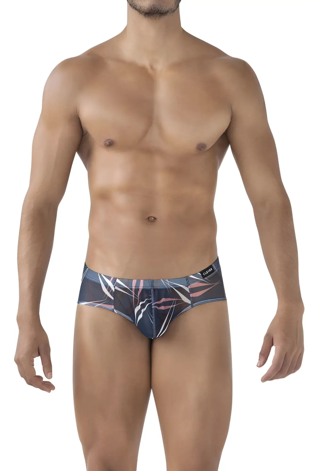 Dark blue clever australian latin briefs featuring a pink and white tropical leaf pattern in a 3pk set