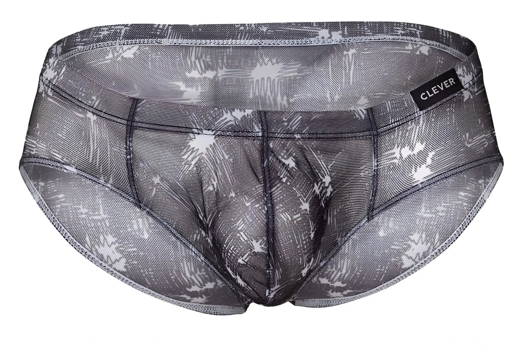Gray and white mesh briefs with sketchy palm tree pattern and clever brand label on waistband in blue-black-black colors