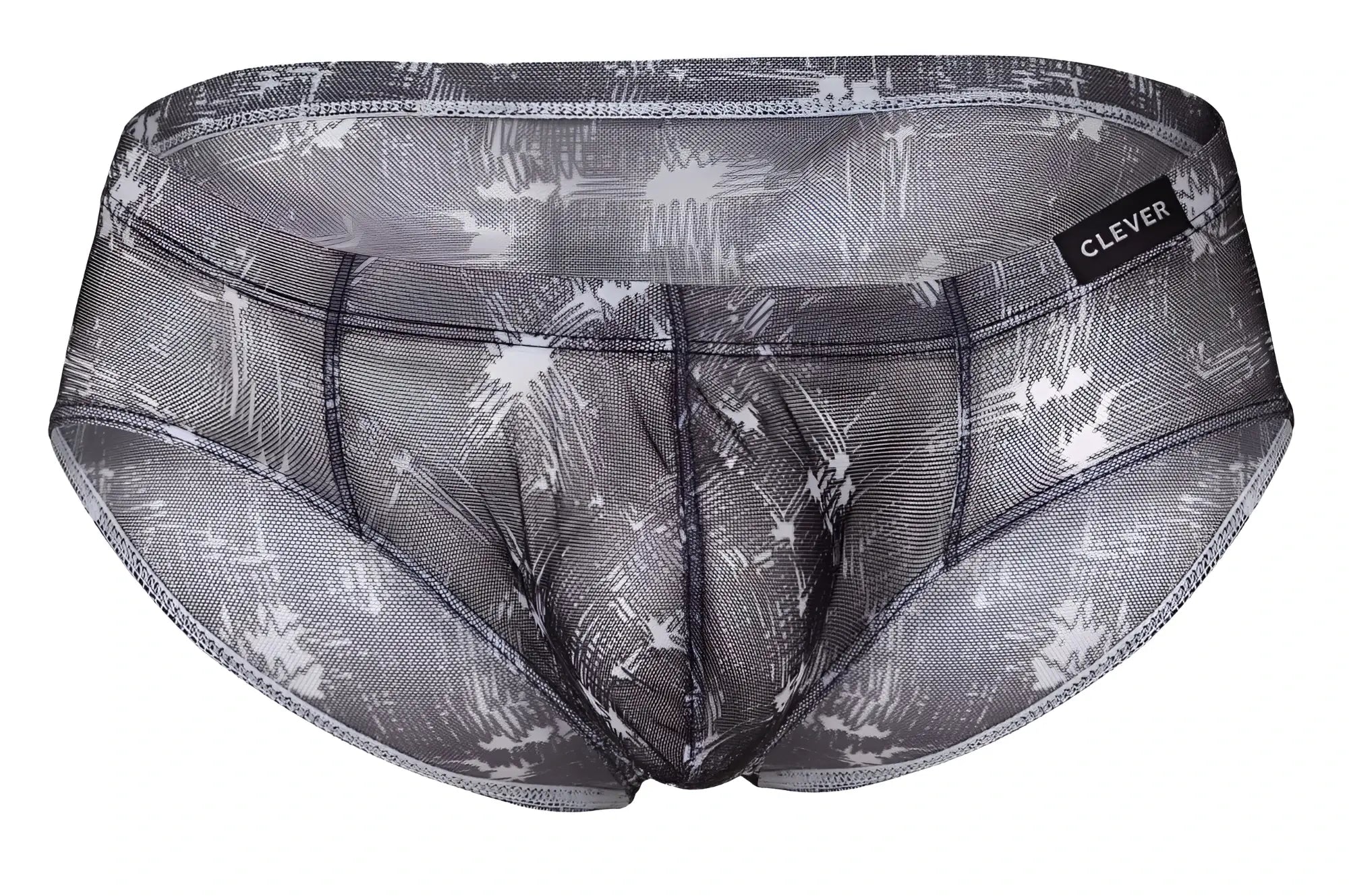 Gray and white mesh briefs with sketchy palm tree pattern and clever brand label on waistband in blue-black-black colors