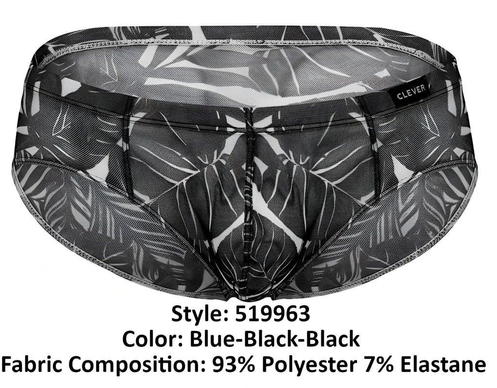 Black and blue tropical leaf patterned clever australian latin briefs made of 93 polyester 7 elastane with mesh design