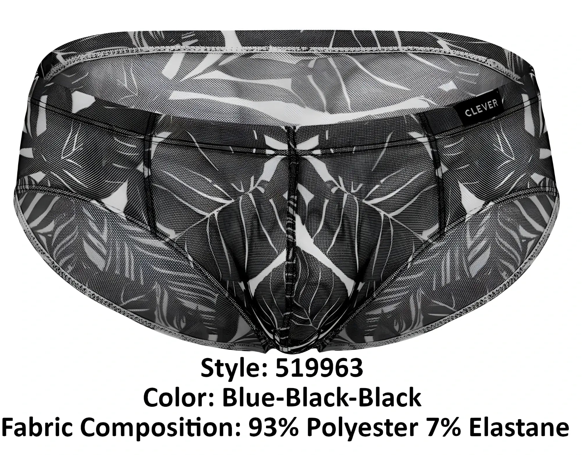 Black and blue tropical leaf patterned clever australian latin briefs made of 93 polyester 7 elastane with mesh design
