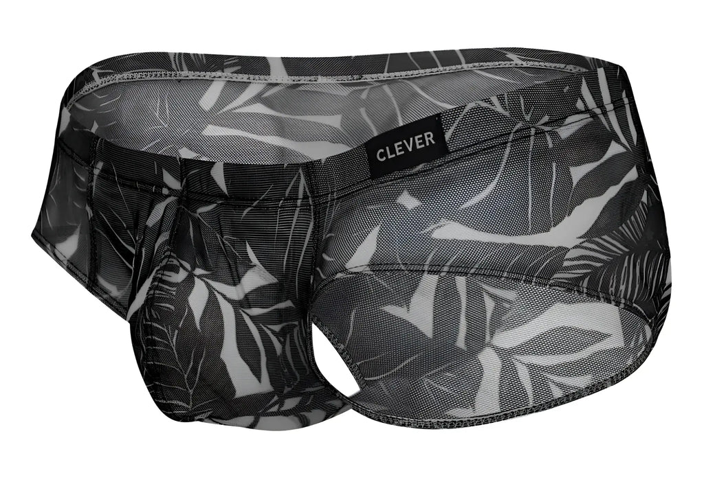 Black and white tropical leaf patterned mesh briefs with clever brand label in australian latin style blue black black colors