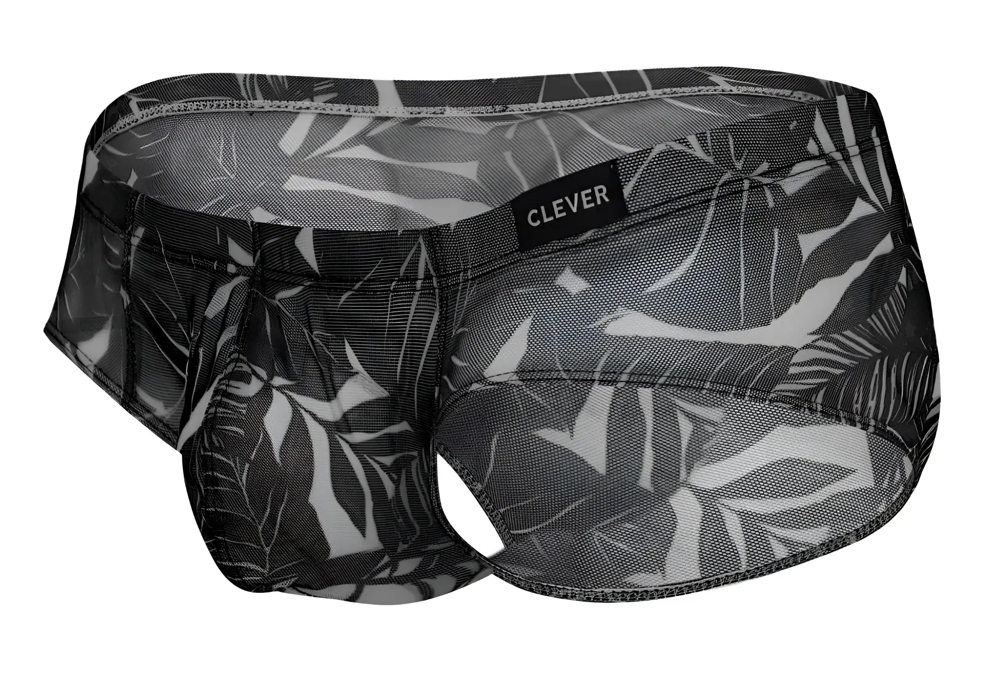 Black and white tropical leaf patterned mesh briefs with clever brand label in australian latin style blue black black colors