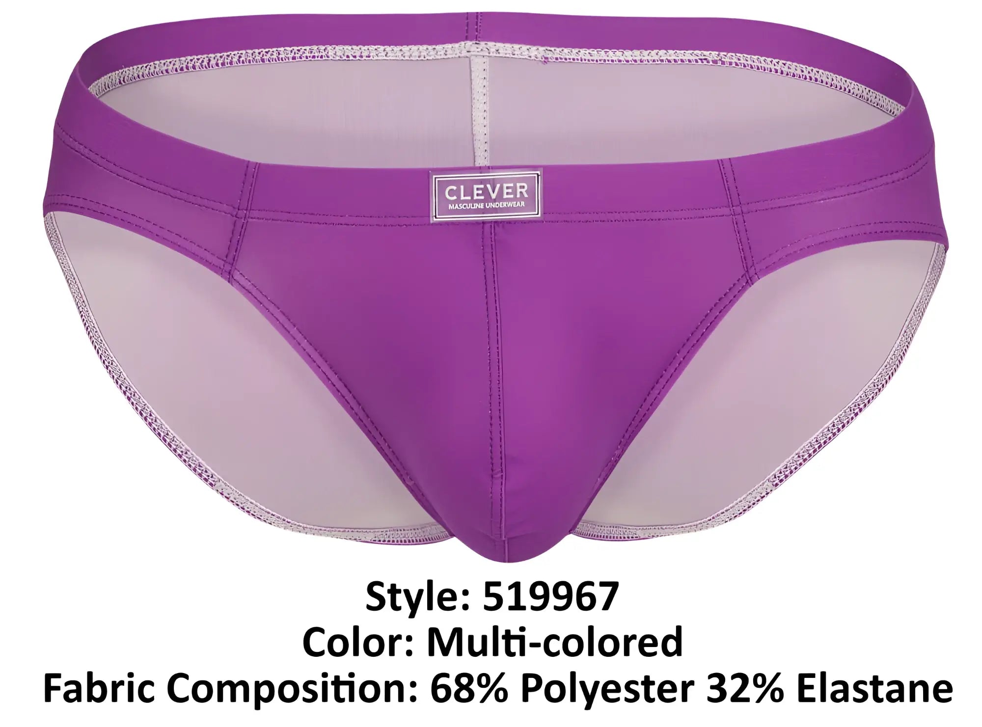 Multi-colored purple men’s briefs with clever brand label on waistband from clever 519967 7pk collection
