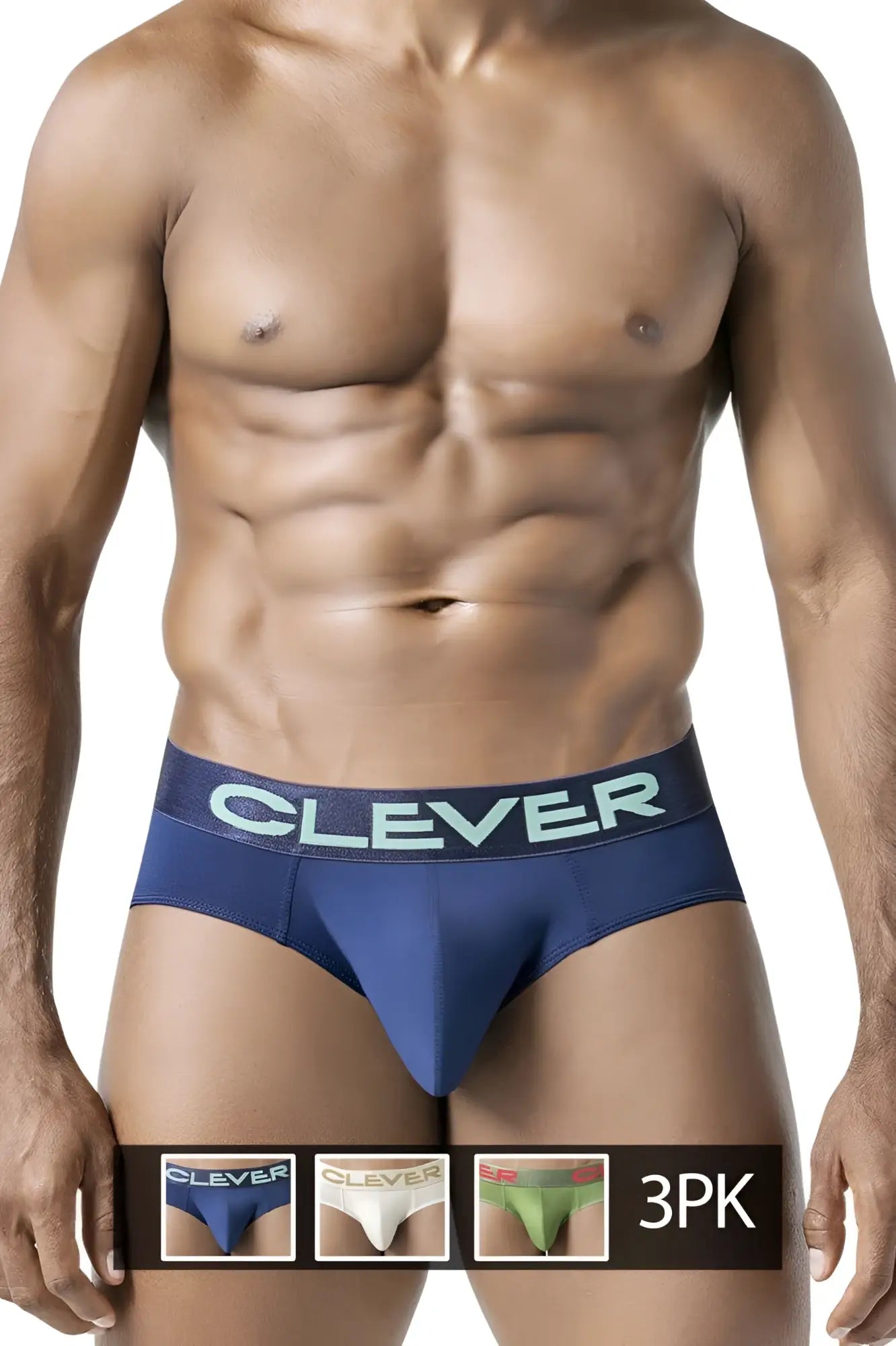 Blue clever brand briefs with a contrasting light teal logo band in a 3pk australian latin briefs set beige blue green