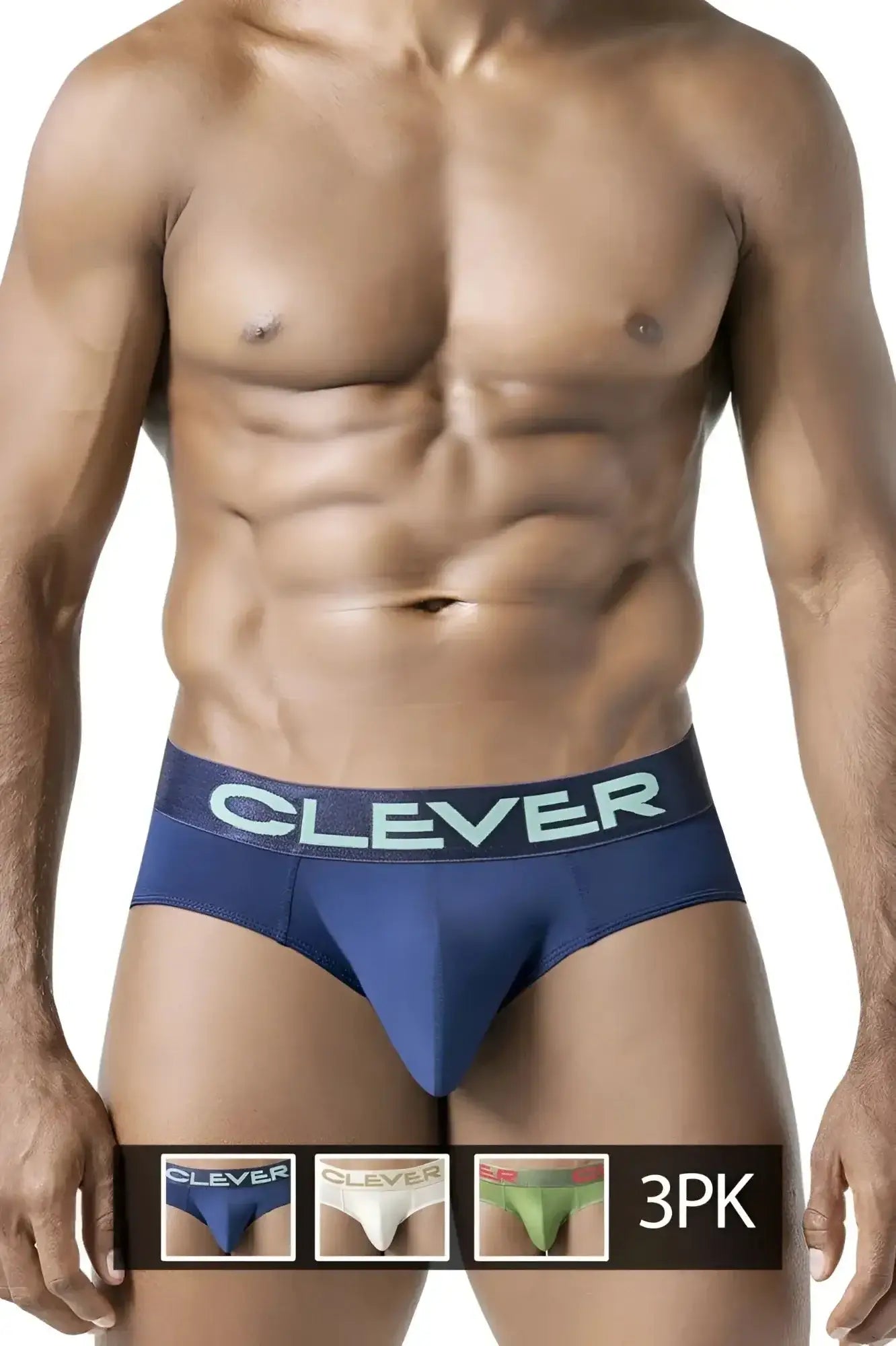 Blue clever brand briefs with a contrasting light teal logo band in a 3pk australian latin briefs set beige blue green