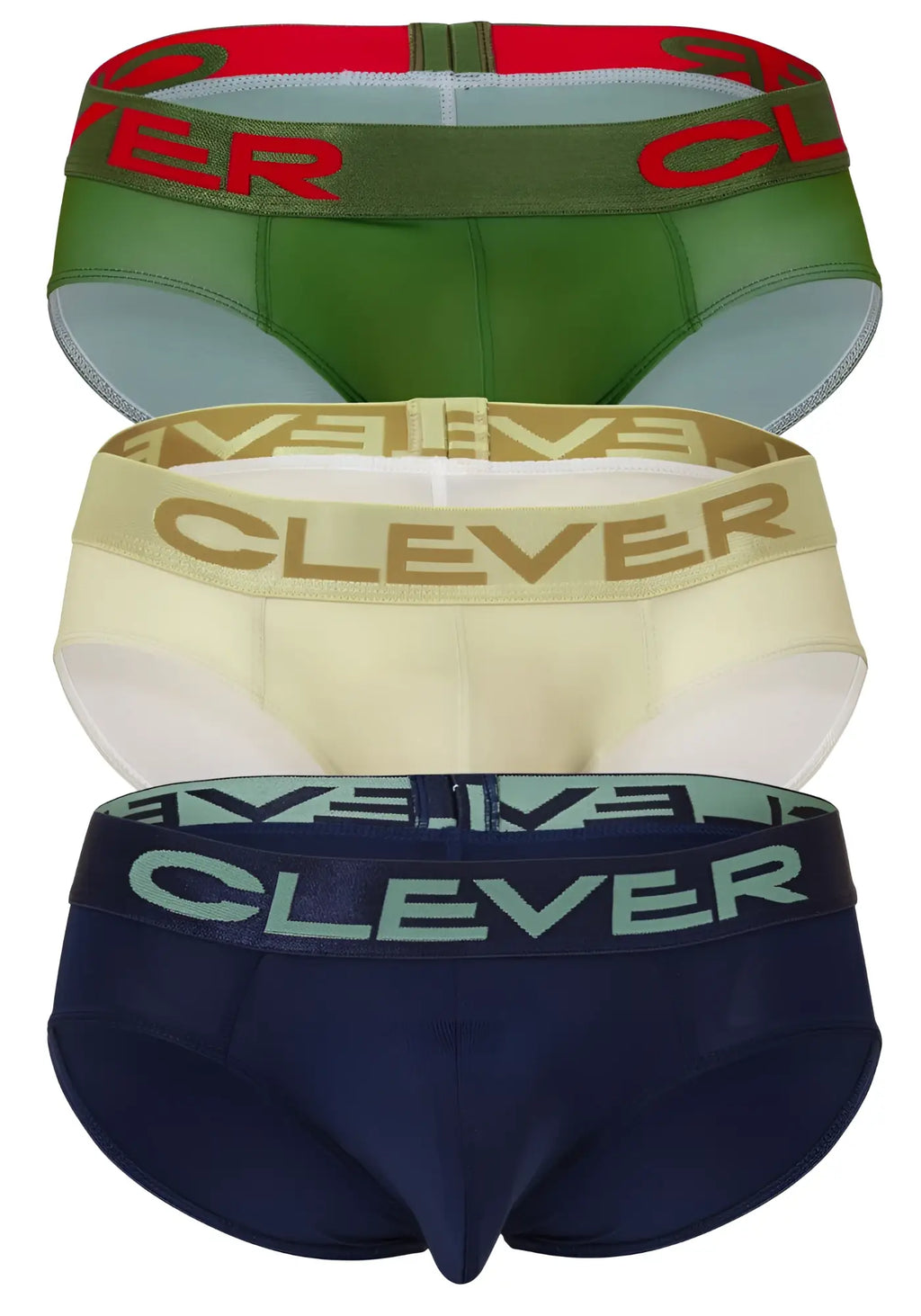 Three pairs of clever 519968 australian latin briefs in beige blue and green with matching branded elastic waistbands