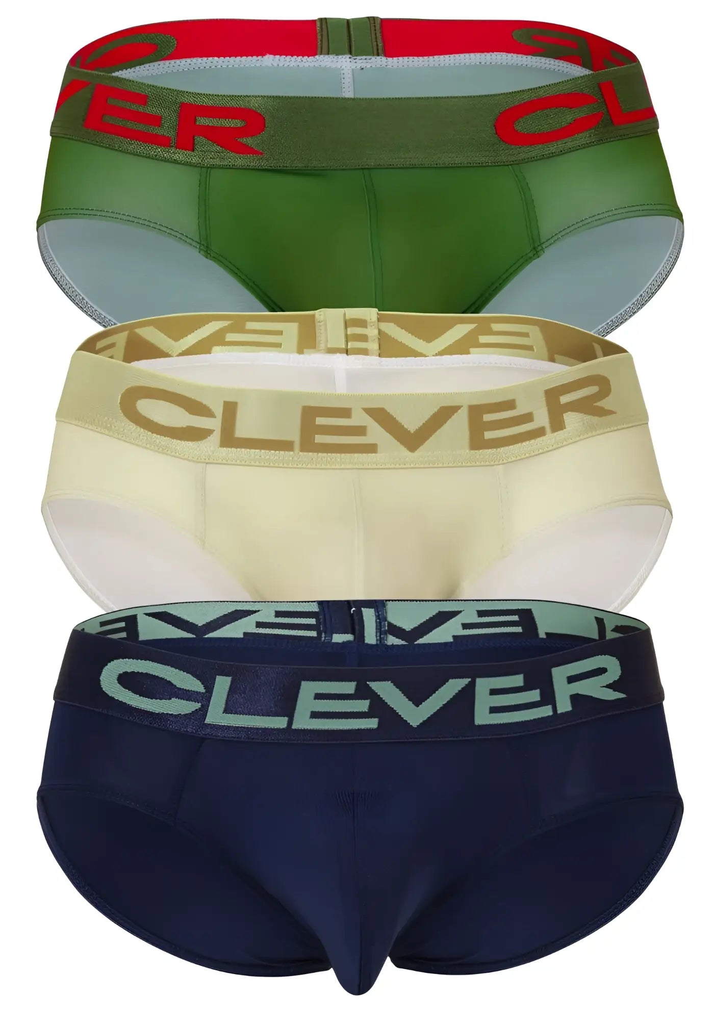 Three pairs of clever 519968 australian latin briefs in beige blue and green with matching branded elastic waistbands