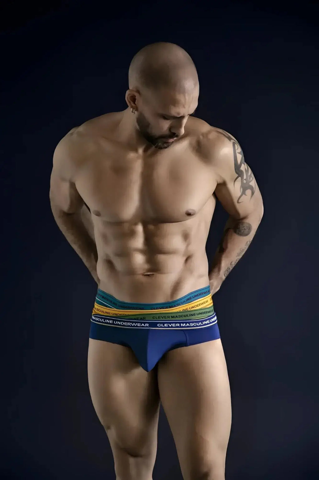 Blue and rainbow-striped clever 519969 3pk australian latin briefs with clever masculine underwear branding