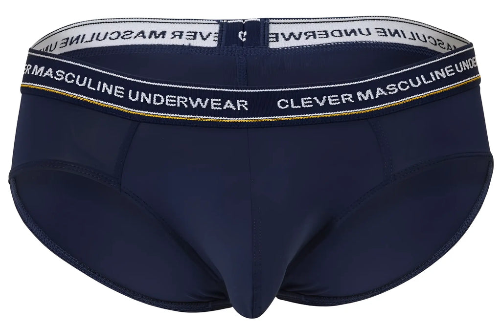 Navy blue clever 519969 men’s briefs with white elastic waistband and black clever masculine underwear text