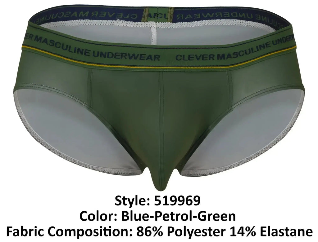 Olive green clever 519969 men’s briefs with navy waistband clever masculine underwear text and yellow trim