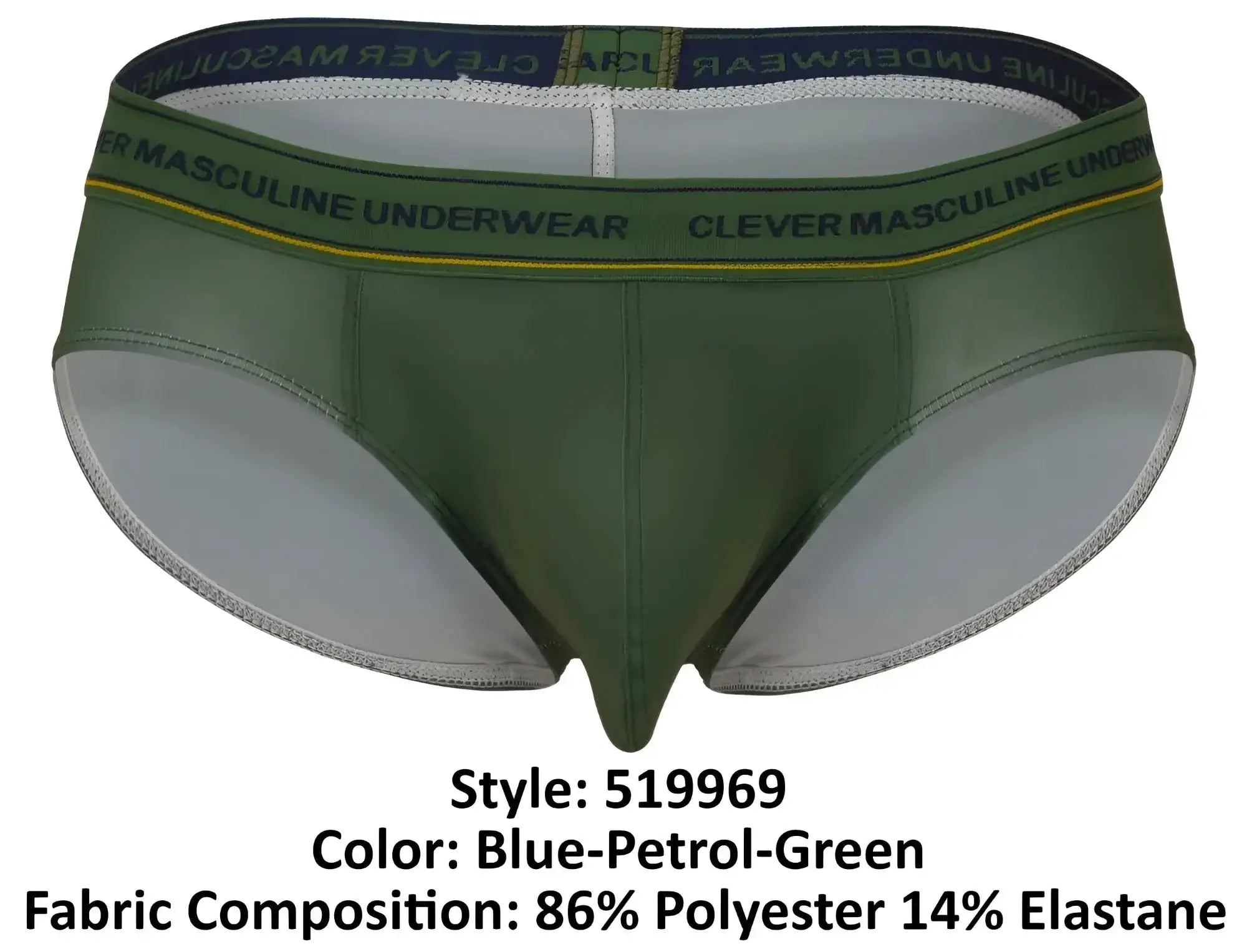 Olive green clever 519969 men’s briefs with navy waistband clever masculine underwear text and yellow trim