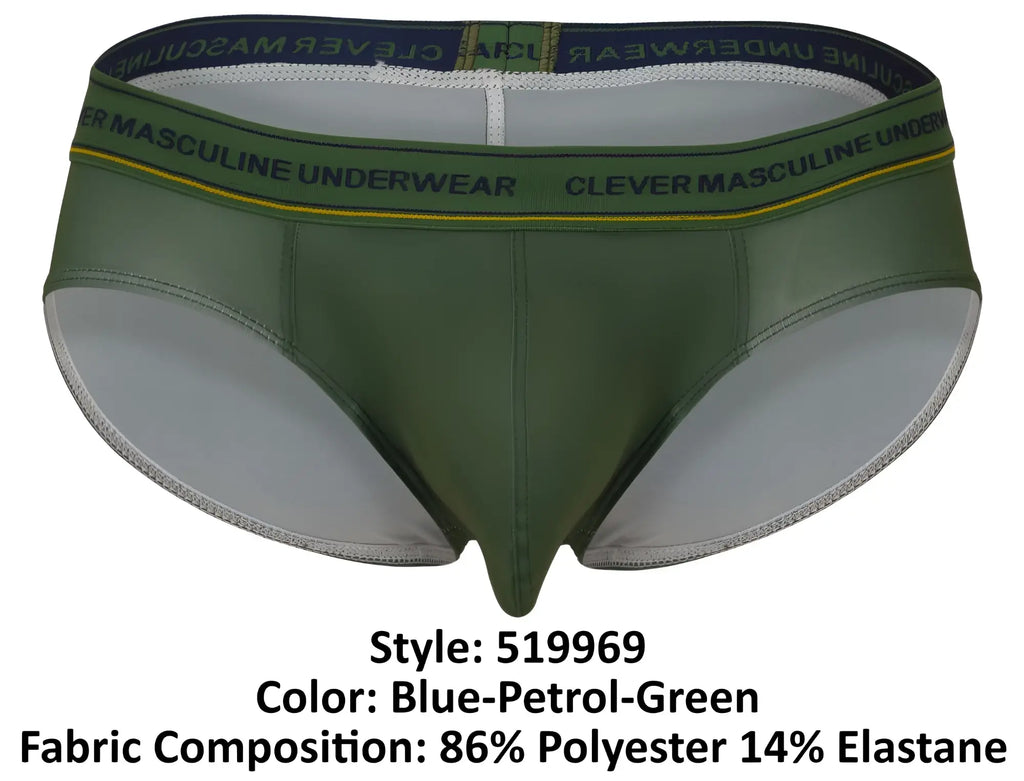 Olive green clever 519969 men’s briefs with navy waistband clever masculine underwear text and yellow trim
