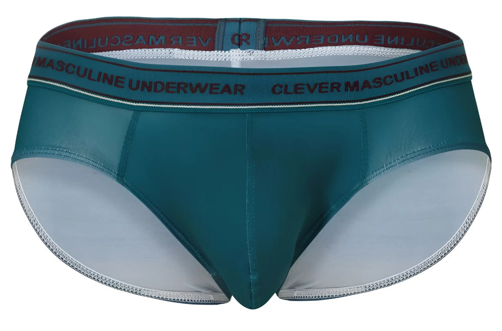 Teal-colored clever australian latin men’s briefs with white interior and red waistband branding in blue-petrol-green