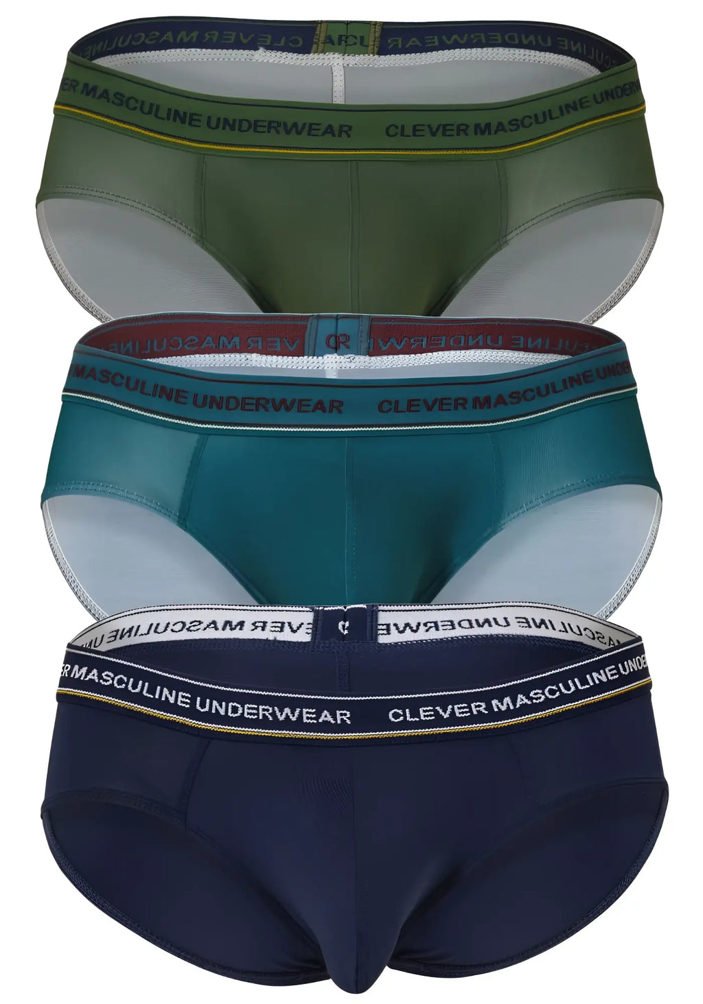 Three-pack of clever australian latin briefs in olive green teal and navy blue with contrasting branded elastic waistbands