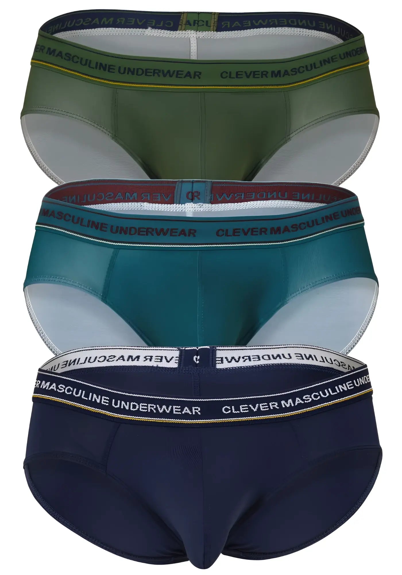 Three-pack of clever australian latin briefs in olive green teal and navy blue with contrasting branded elastic waistbands